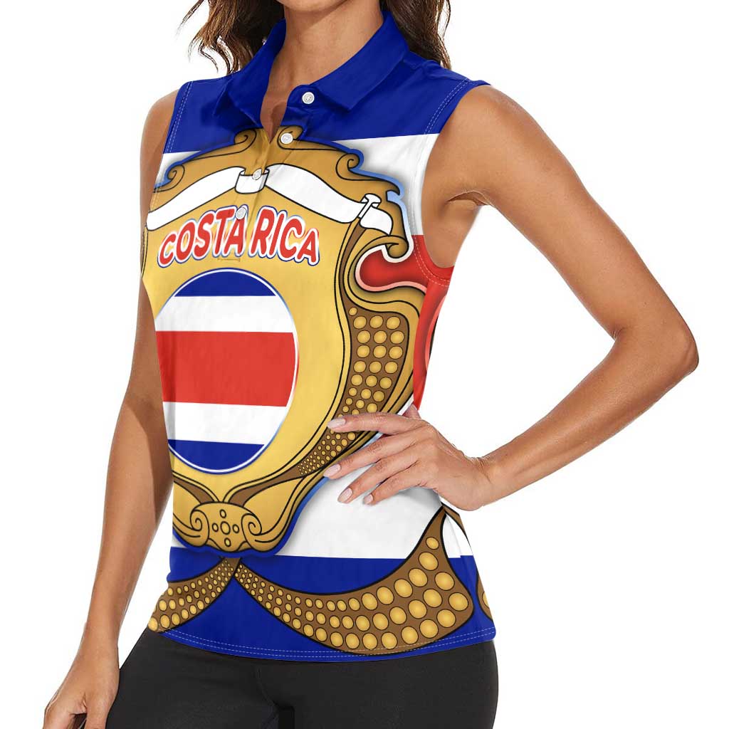 Costa Rica Flag Map Women Sleeveless Polo Shirt Red White Blue with National Colors and Gold Crest Design - Wonder Print Shop
