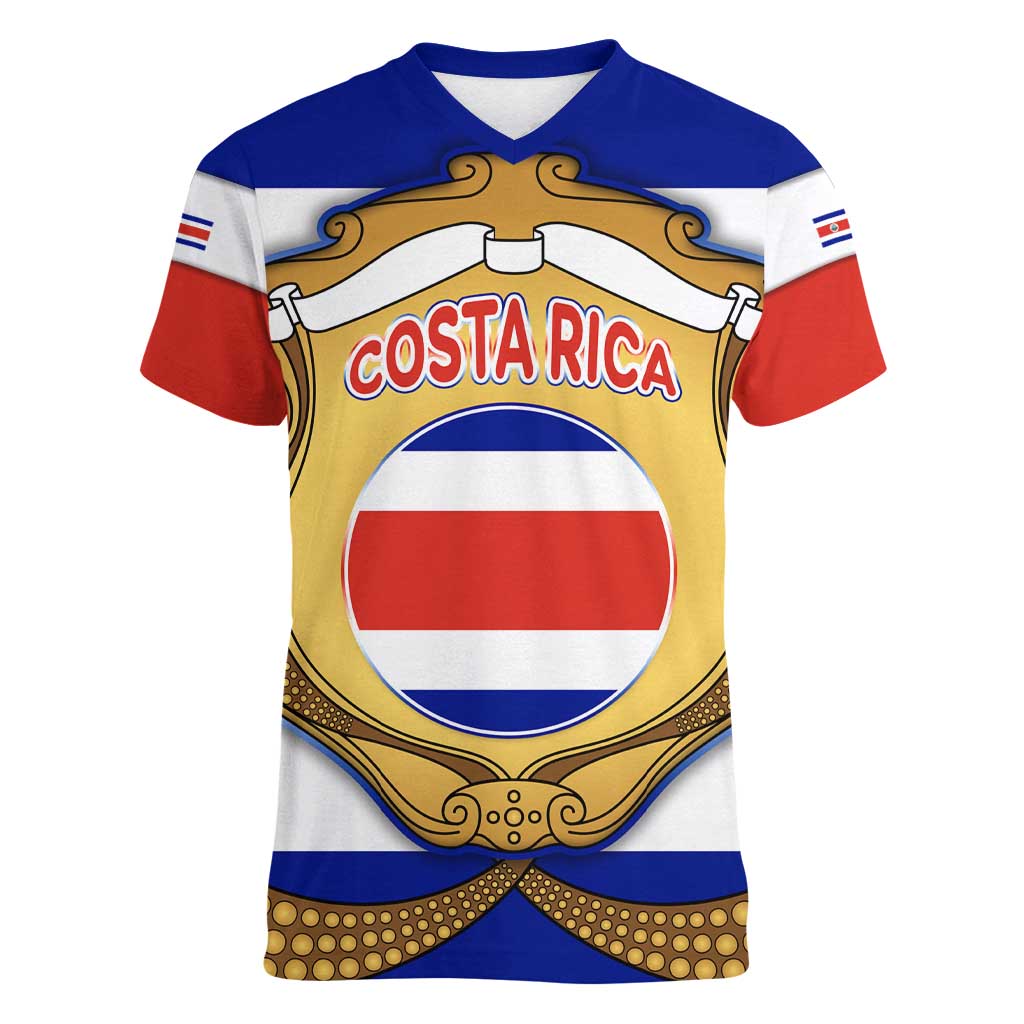 Costa Rica Flag Map Women V-Neck T-Shirt Red White Blue with National Colors and Gold Crest Design - Wonder Print Shop