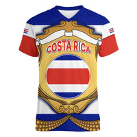 Costa Rica Flag Map Women V-Neck T-Shirt Red White Blue with National Colors and Gold Crest Design - Wonder Print Shop