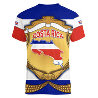 Costa Rica Flag Map Women V-Neck T-Shirt Red White Blue with National Colors and Gold Crest Design - Wonder Print Shop