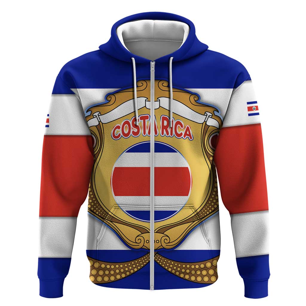 Costa Rica Flag Map Zip Hoodie Red White Blue with National Colors and Gold Crest Design - Wonder Print Shop