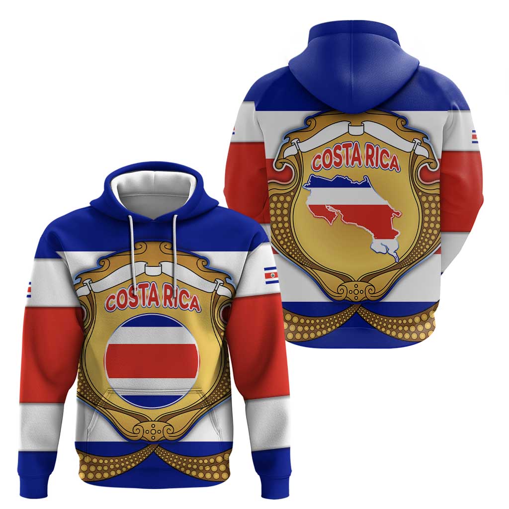 Costa Rica Flag Map Zip Hoodie Red White Blue with National Colors and Gold Crest Design - Wonder Print Shop