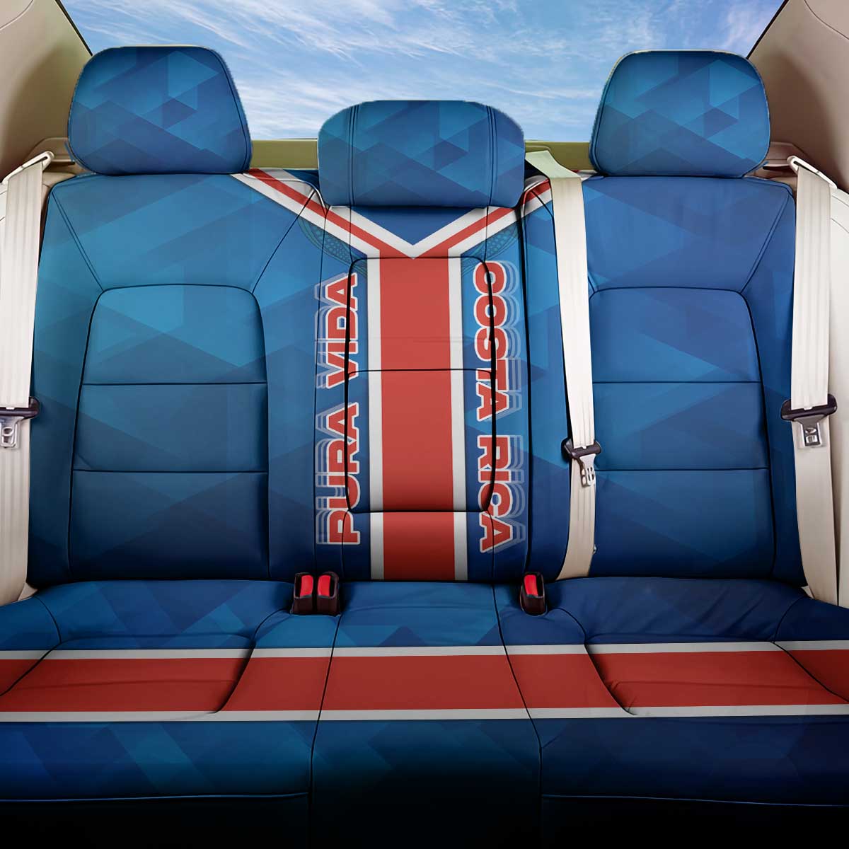 Costa Rica Pura Vida Back Car Seat Cover Blue Geometric with Red Stripe and National Flag Detail - Wonder Print Shop