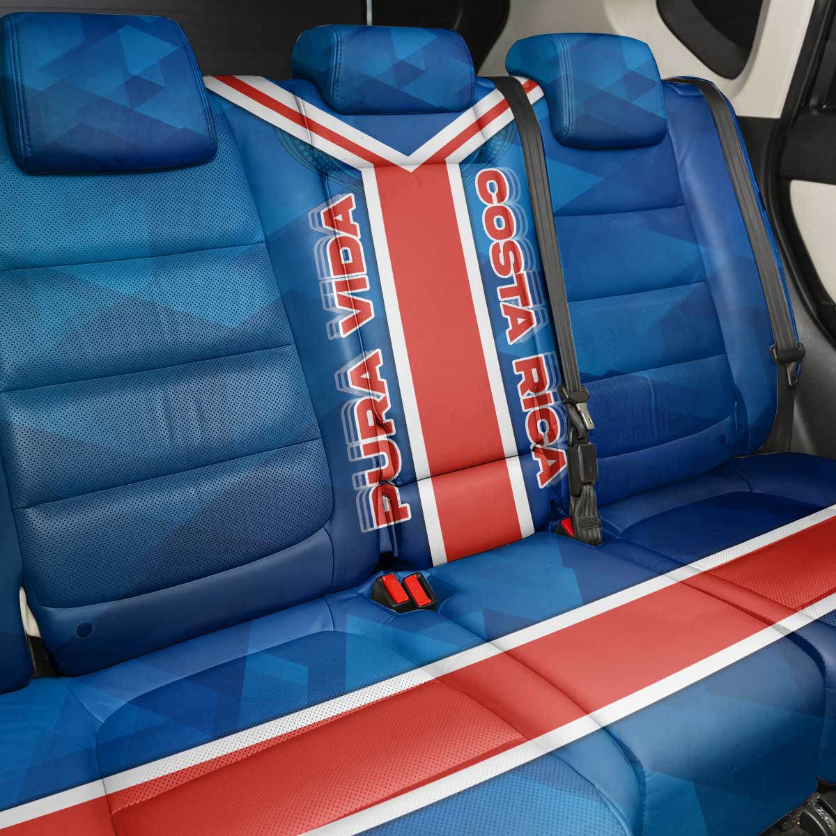 Costa Rica Pura Vida Back Car Seat Cover Blue Geometric with Red Stripe and National Flag Detail - Wonder Print Shop