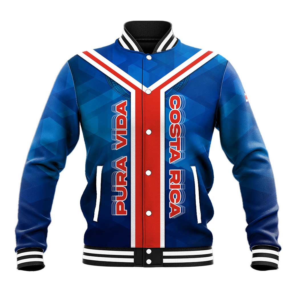 Costa Rica Pura Vida Baseball Jacket Blue Geometric with Red Stripe and National Flag Detail - Wonder Print Shop