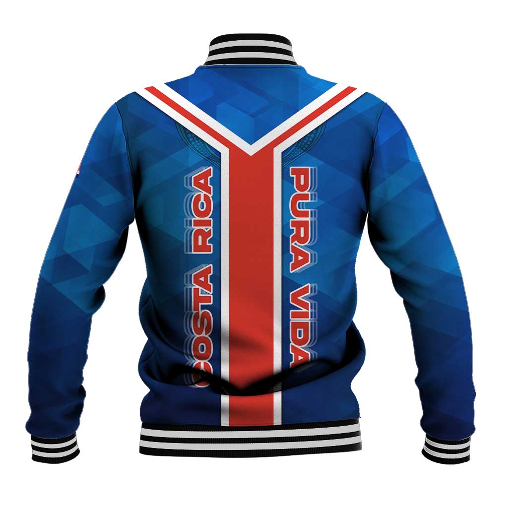 Costa Rica Pura Vida Baseball Jacket Blue Geometric with Red Stripe and National Flag Detail - Wonder Print Shop