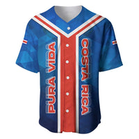 Costa Rica Pura Vida Baseball Jersey Blue Geometric with Red Stripe and National Flag Detail - Wonder Print Shop