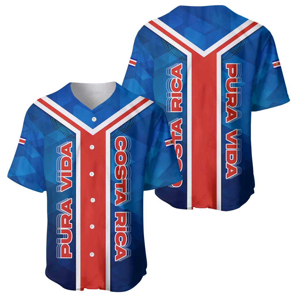 Costa Rica Pura Vida Baseball Jersey Blue Geometric with Red Stripe and National Flag Detail - Wonder Print Shop