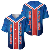 Costa Rica Pura Vida Baseball Jersey Blue Geometric with Red Stripe and National Flag Detail - Wonder Print Shop