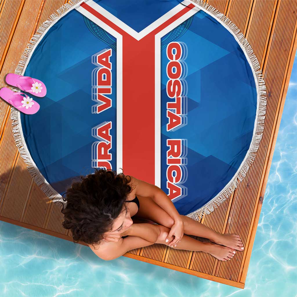 Costa Rica Pura Vida Beach Blanket Blue Geometric with Red Stripe and National Flag Detail - Wonder Print Shop