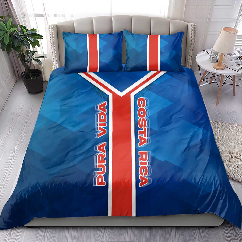 Costa Rica Pura Vida Bedding Set Blue Geometric with Red Stripe and National Flag Detail - Wonder Print Shop