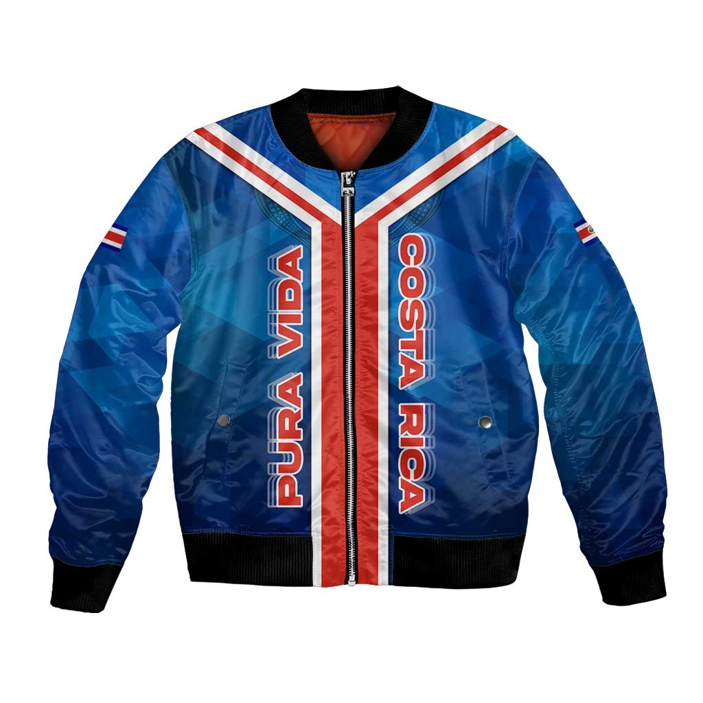 Costa Rica Pura Vida Bomber Jacket Blue Geometric with Red Stripe and National Flag Detail - Wonder Print Shop