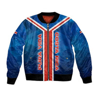 Costa Rica Pura Vida Bomber Jacket Blue Geometric with Red Stripe and National Flag Detail - Wonder Print Shop