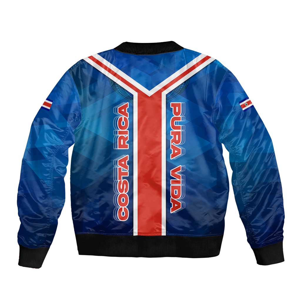 Costa Rica Pura Vida Bomber Jacket Blue Geometric with Red Stripe and National Flag Detail - Wonder Print Shop