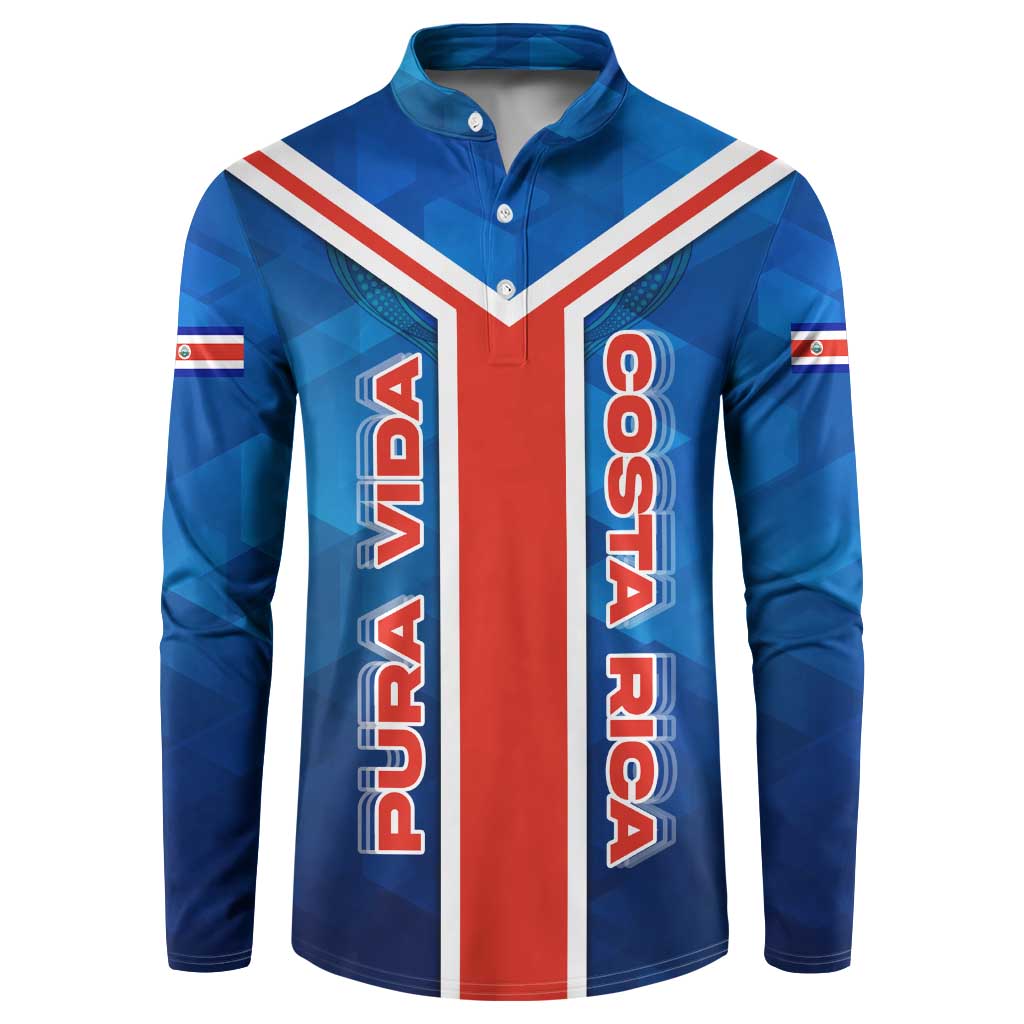 Costa Rica Pura Vida Button Sweatshirt Blue Geometric with Red Stripe and National Flag Detail - Wonder Print Shop