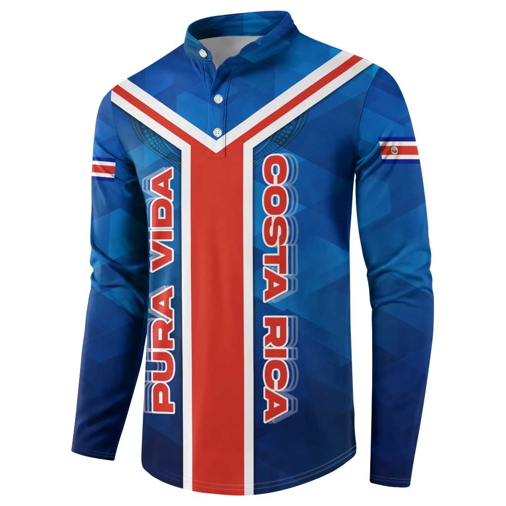 Costa Rica Pura Vida Button Sweatshirt Blue Geometric with Red Stripe and National Flag Detail - Wonder Print Shop