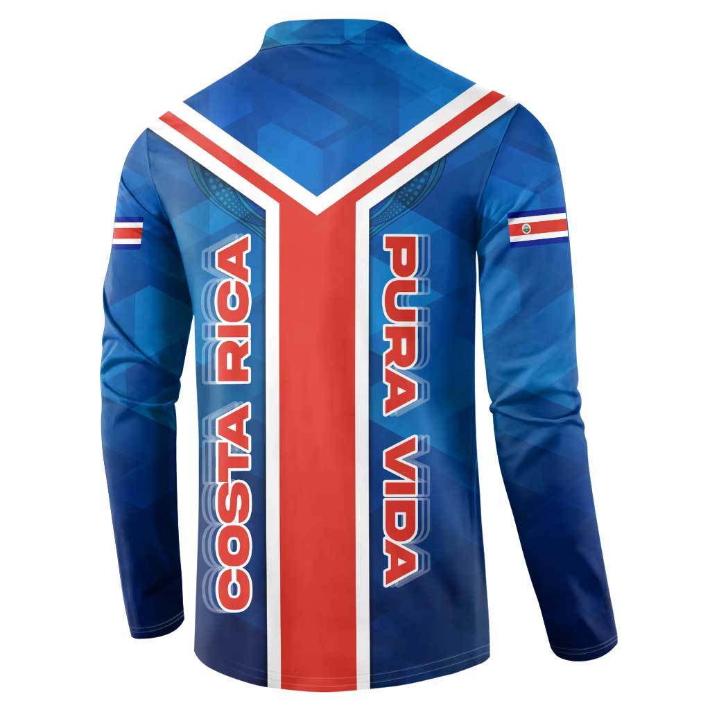 Costa Rica Pura Vida Button Sweatshirt Blue Geometric with Red Stripe and National Flag Detail - Wonder Print Shop