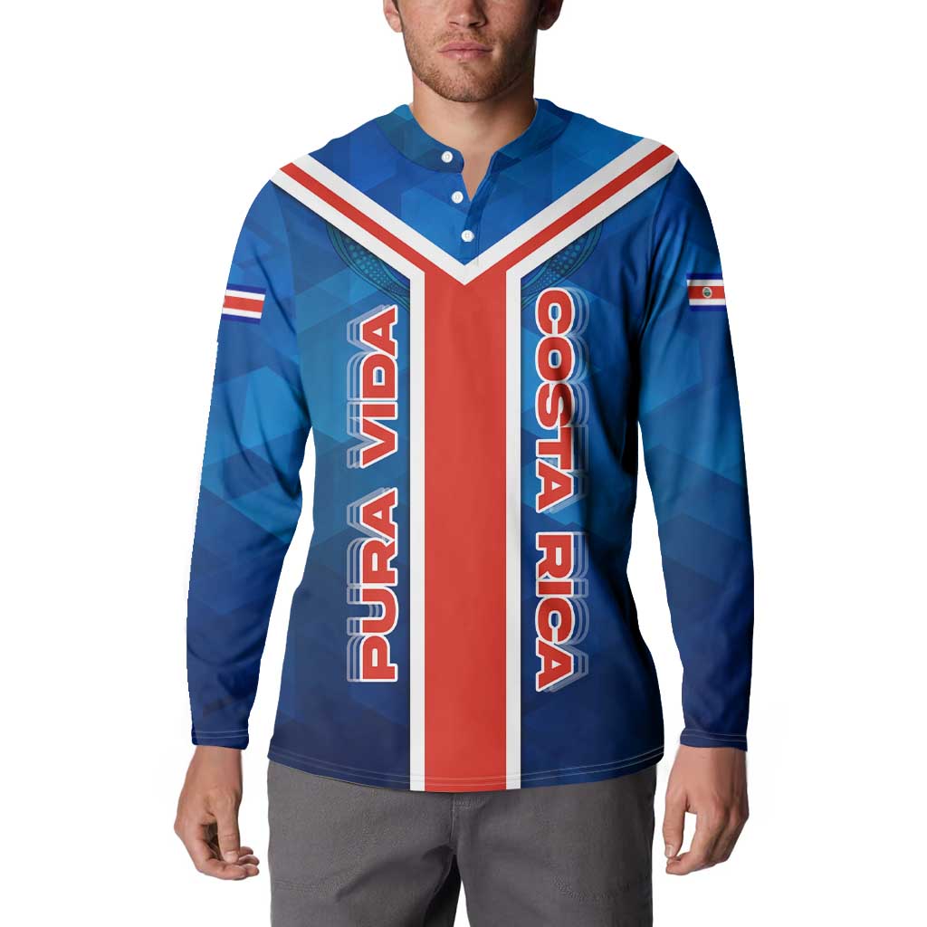 Costa Rica Pura Vida Button Sweatshirt Blue Geometric with Red Stripe and National Flag Detail - Wonder Print Shop