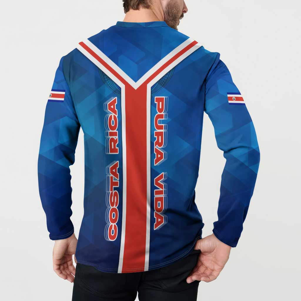 Costa Rica Pura Vida Button Sweatshirt Blue Geometric with Red Stripe and National Flag Detail - Wonder Print Shop