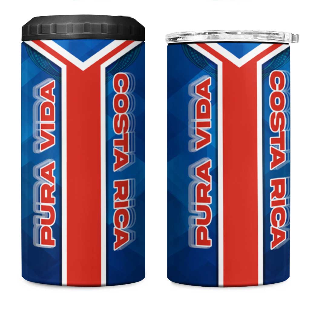 Costa Rica Pura Vida 4 in 1 Can Cooler Tumbler Blue Geometric with Red Stripe and National Flag Detail - Wonder Print Shop
