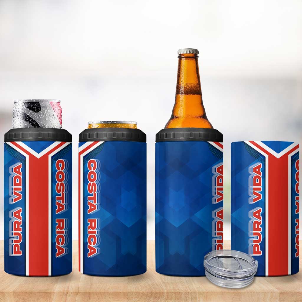 Costa Rica Pura Vida 4 in 1 Can Cooler Tumbler Blue Geometric with Red Stripe and National Flag Detail - Wonder Print Shop
