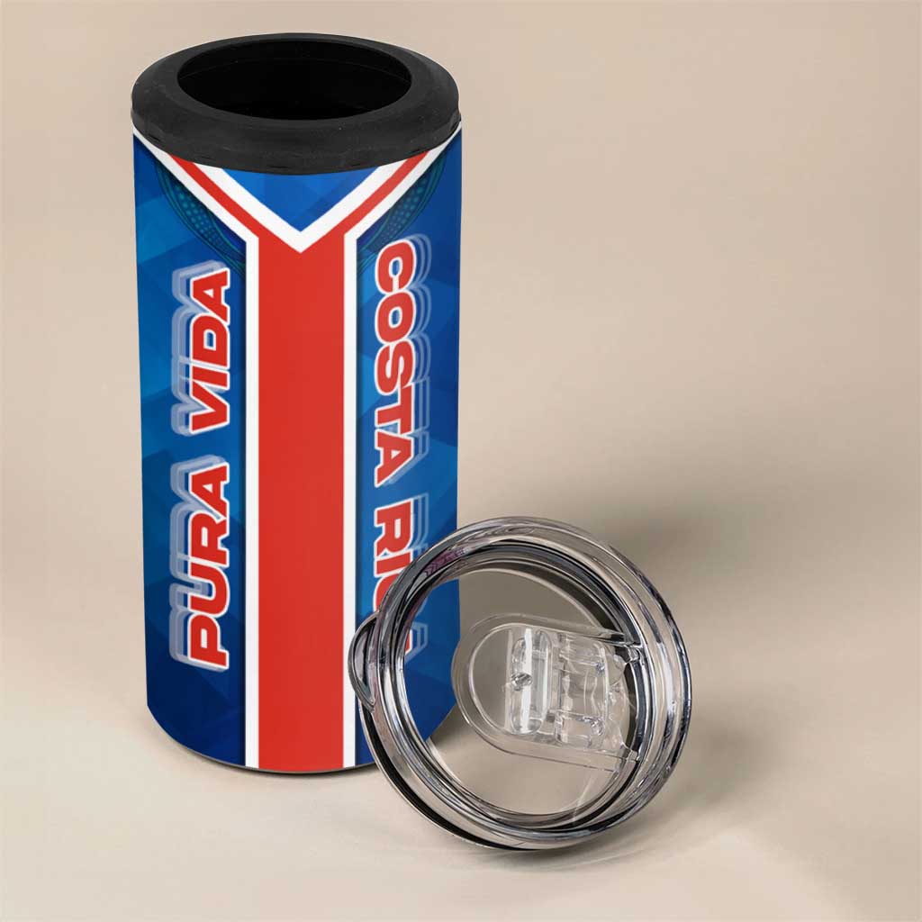 Costa Rica Pura Vida 4 in 1 Can Cooler Tumbler Blue Geometric with Red Stripe and National Flag Detail - Wonder Print Shop
