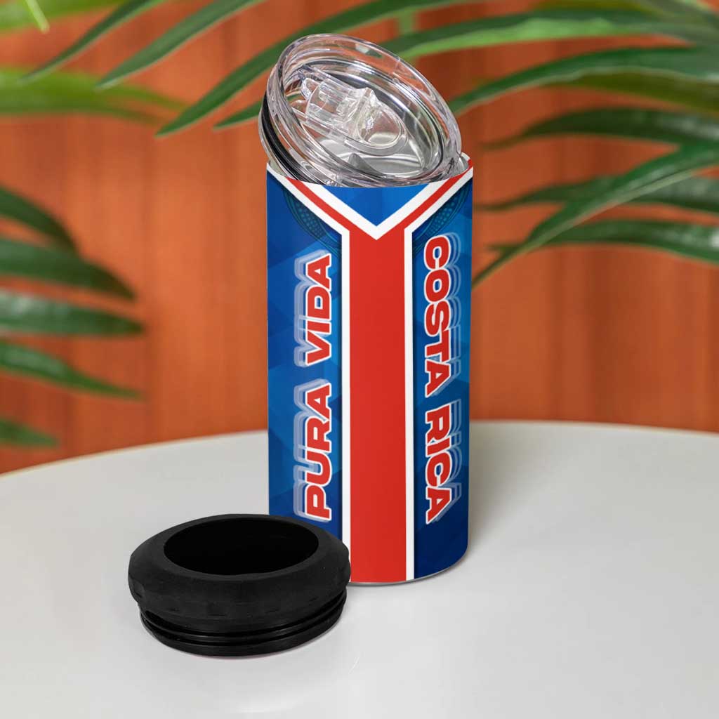 Costa Rica Pura Vida 4 in 1 Can Cooler Tumbler Blue Geometric with Red Stripe and National Flag Detail - Wonder Print Shop