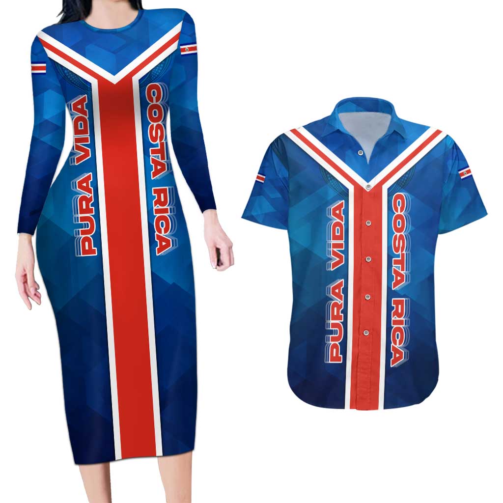 Costa Rica Pura Vida Couples Matching Long Sleeve Bodycon Dress and Hawaiian Shirt Blue Geometric with Red Stripe and National Flag Detail - Wonder Print Shop