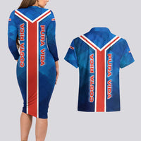Costa Rica Pura Vida Couples Matching Long Sleeve Bodycon Dress and Hawaiian Shirt Blue Geometric with Red Stripe and National Flag Detail - Wonder Print Shop