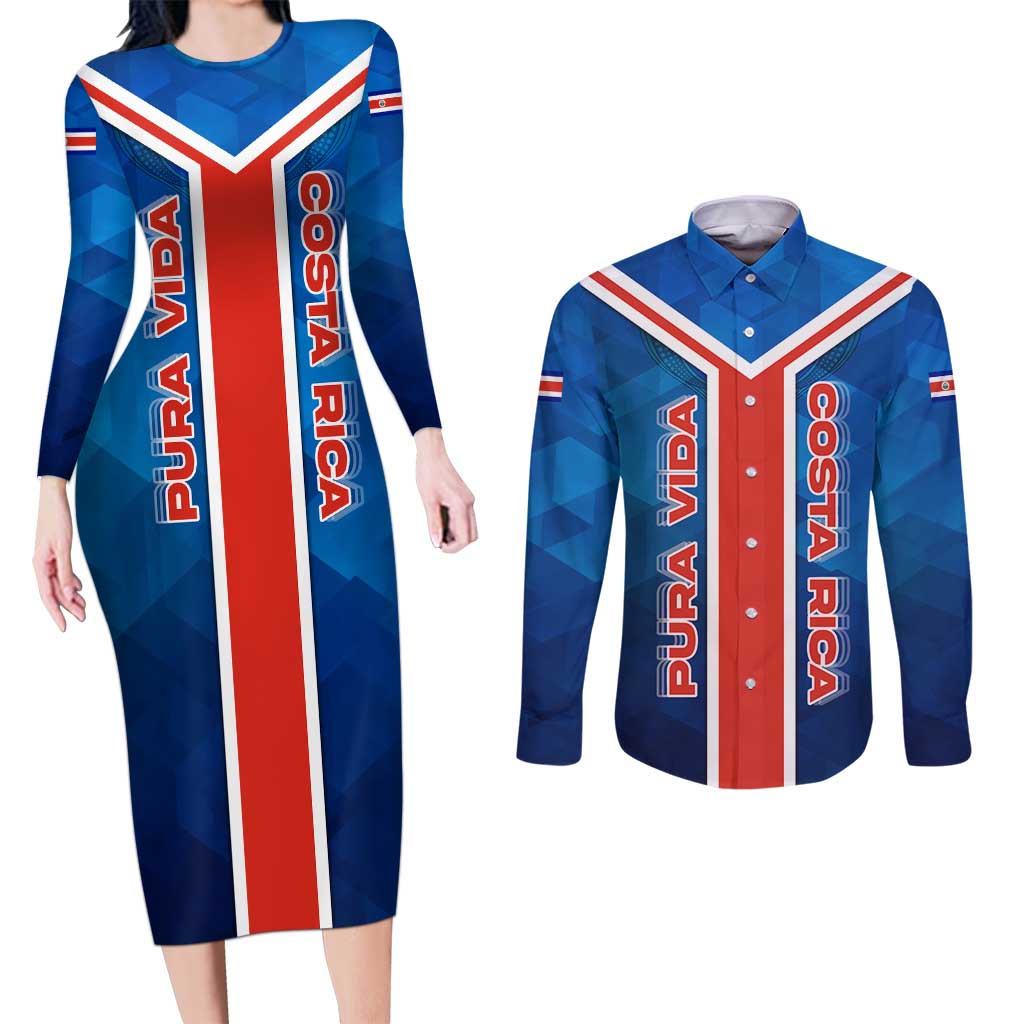 Costa Rica Pura Vida Couples Matching Long Sleeve Bodycon Dress and Long Sleeve Button Shirt Blue Geometric with Red Stripe and National Flag Detail - Wonder Print Shop