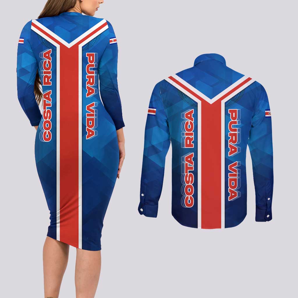 Costa Rica Pura Vida Couples Matching Long Sleeve Bodycon Dress and Long Sleeve Button Shirt Blue Geometric with Red Stripe and National Flag Detail - Wonder Print Shop