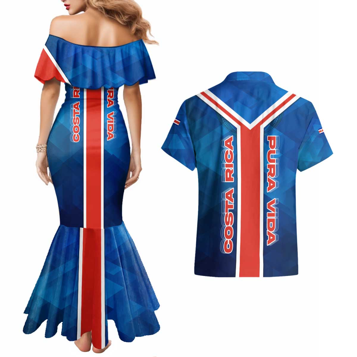 Costa Rica Pura Vida Couples Matching Mermaid Dress and Hawaiian Shirt Blue Geometric with Red Stripe and National Flag Detail - Wonder Print Shop