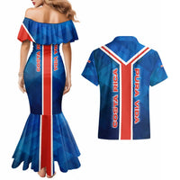 Costa Rica Pura Vida Couples Matching Mermaid Dress and Hawaiian Shirt Blue Geometric with Red Stripe and National Flag Detail - Wonder Print Shop