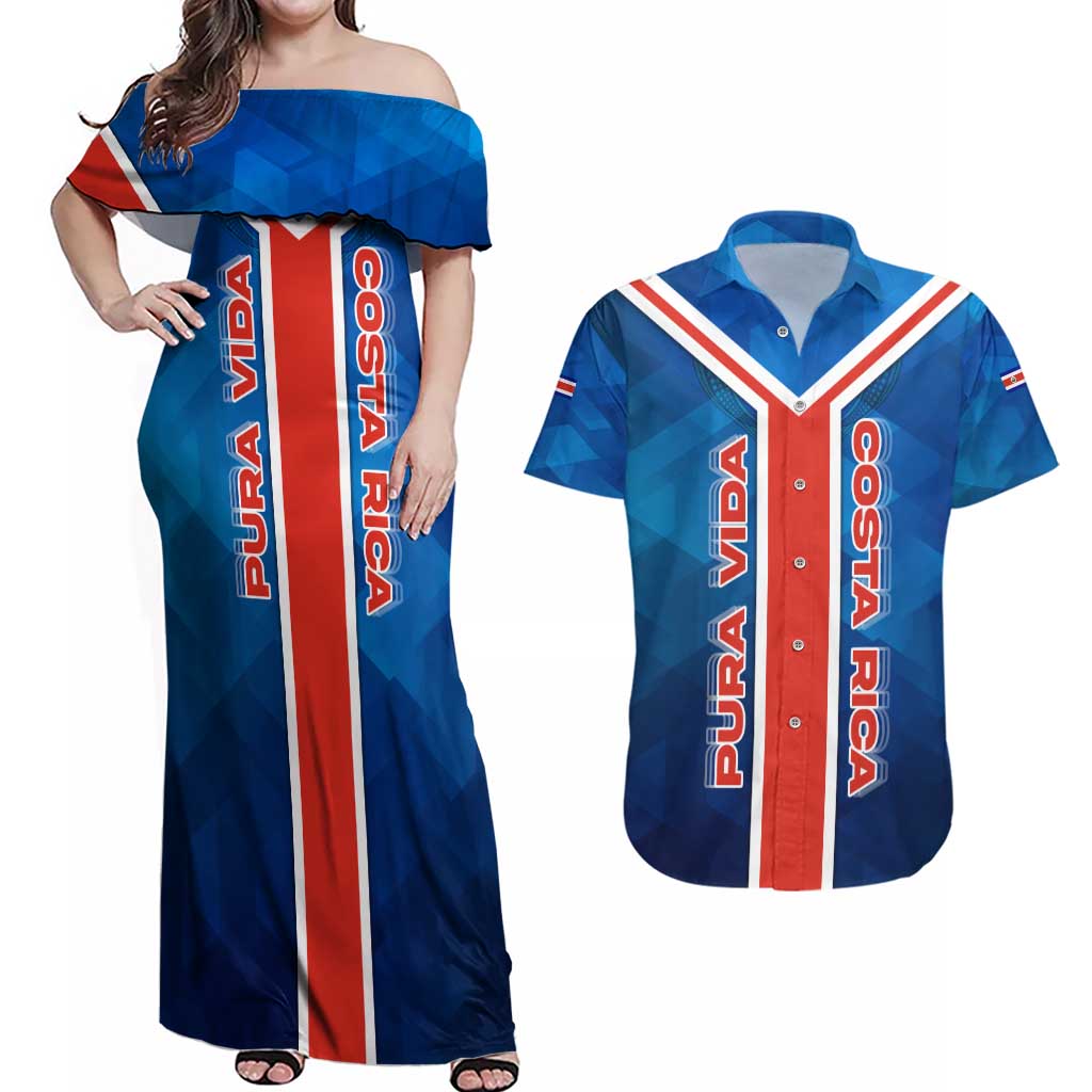 Costa Rica Pura Vida Couples Matching Off Shoulder Maxi Dress and Hawaiian Shirt Blue Geometric with Red Stripe and National Flag Detail - Wonder Print Shop