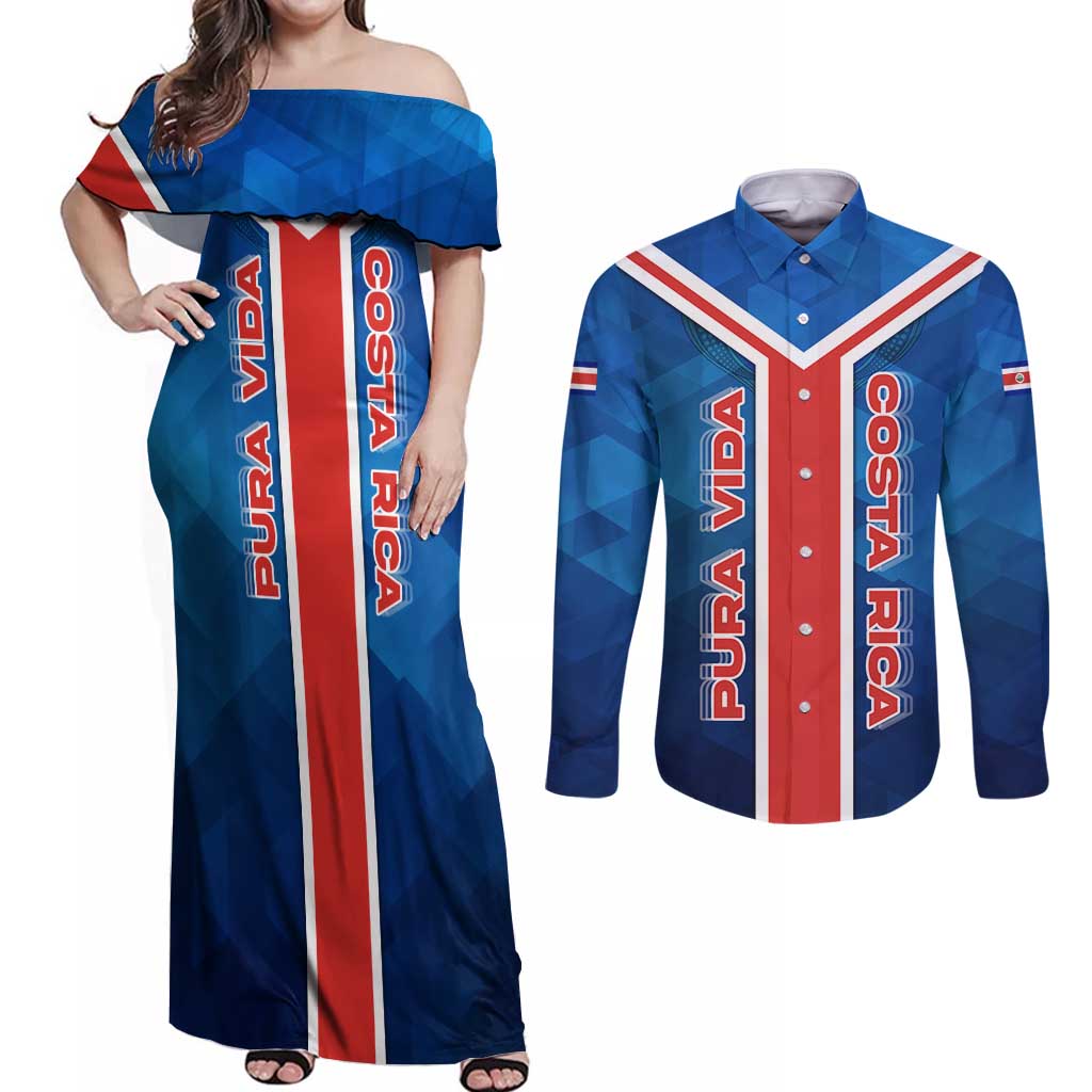 Costa Rica Pura Vida Couples Matching Off Shoulder Maxi Dress and Long Sleeve Button Shirt Blue Geometric with Red Stripe and National Flag Detail - Wonder Print Shop