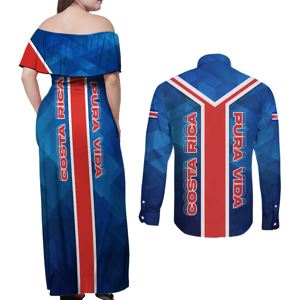 Costa Rica Pura Vida Couples Matching Off Shoulder Maxi Dress and Long Sleeve Button Shirt Blue Geometric with Red Stripe and National Flag Detail - Wonder Print Shop