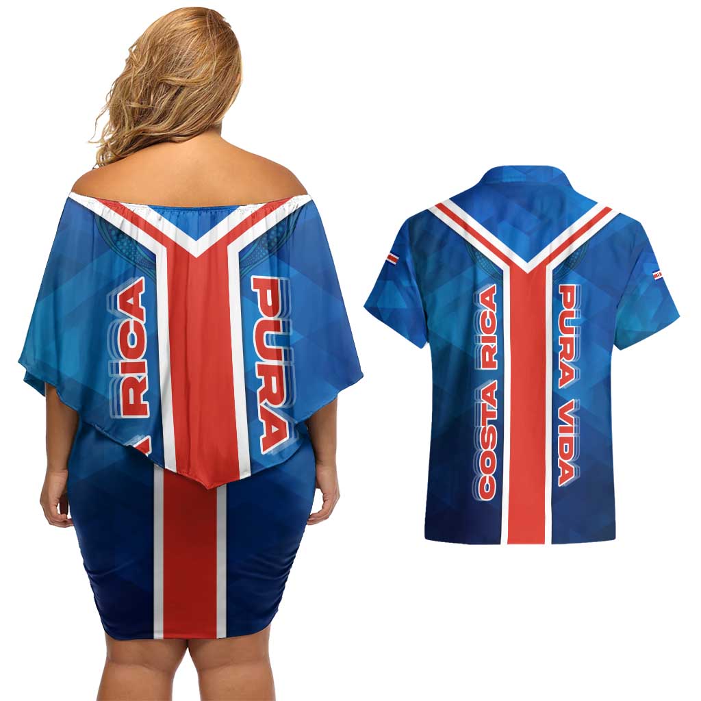 Costa Rica Pura Vida Couples Matching Off Shoulder Short Dress and Hawaiian Shirt Blue Geometric with Red Stripe and National Flag Detail - Wonder Print Shop