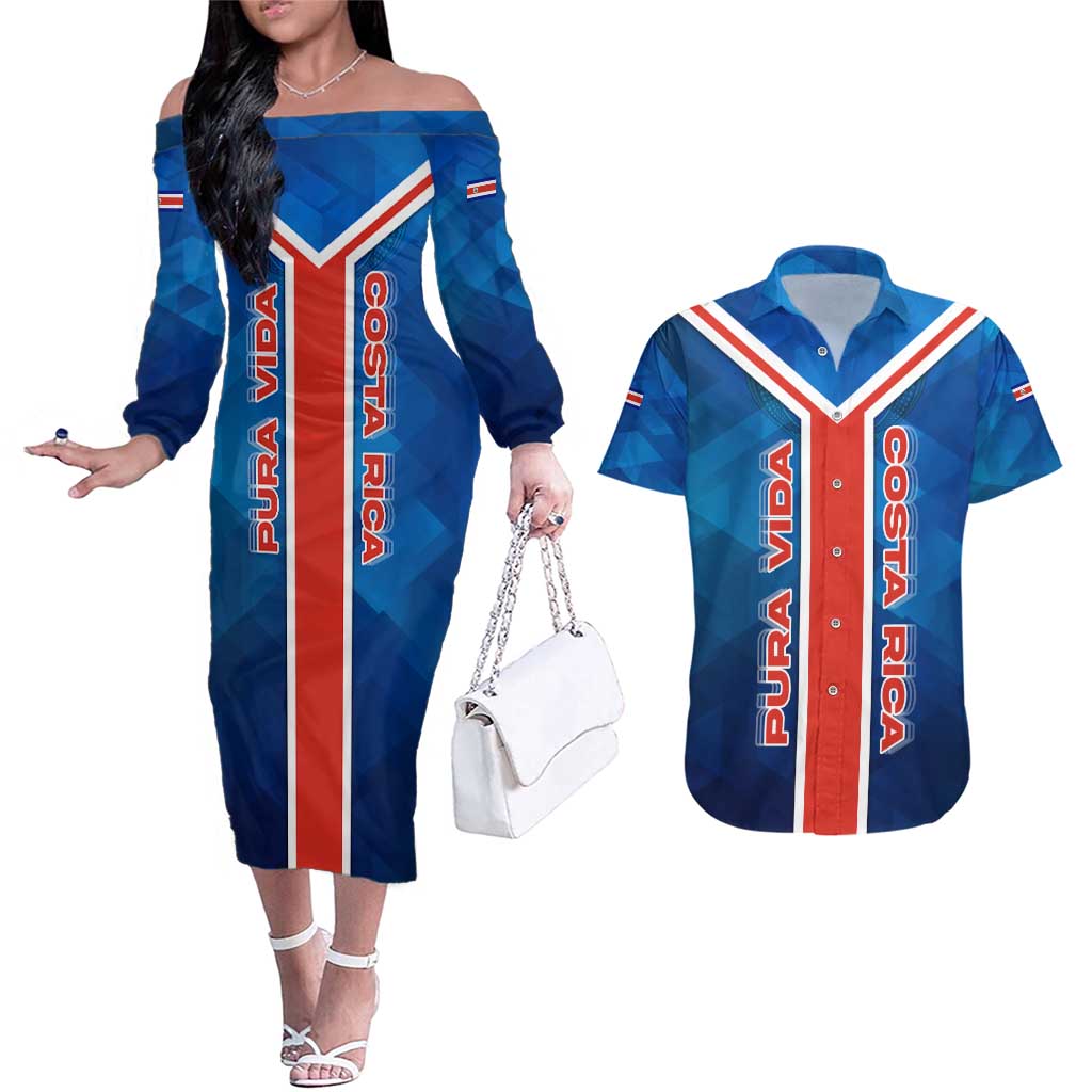 Costa Rica Pura Vida Couples Matching Off The Shoulder Long Sleeve Dress and Hawaiian Shirt Blue Geometric with Red Stripe and National Flag Detail - Wonder Print Shop