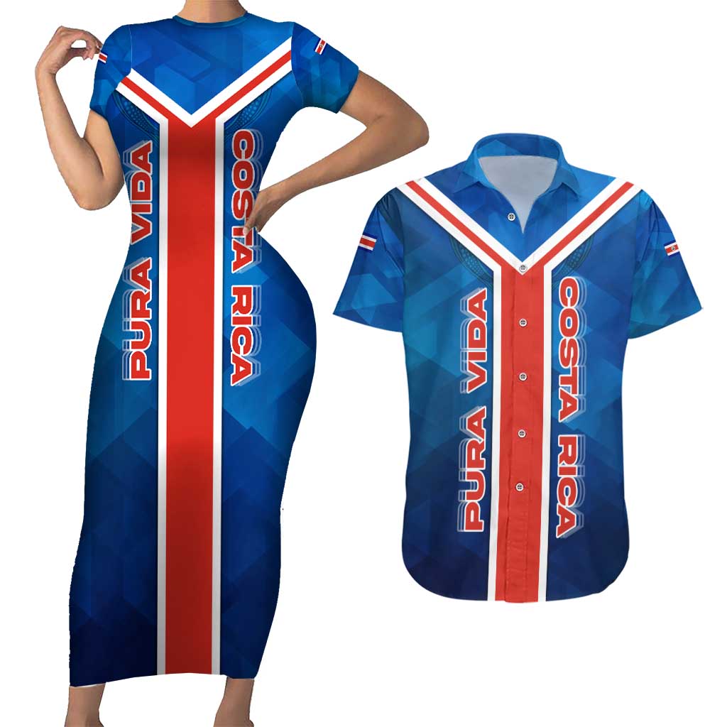 Costa Rica Pura Vida Couples Matching Short Sleeve Bodycon Dress and Hawaiian Shirt Blue Geometric with Red Stripe and National Flag Detail - Wonder Print Shop