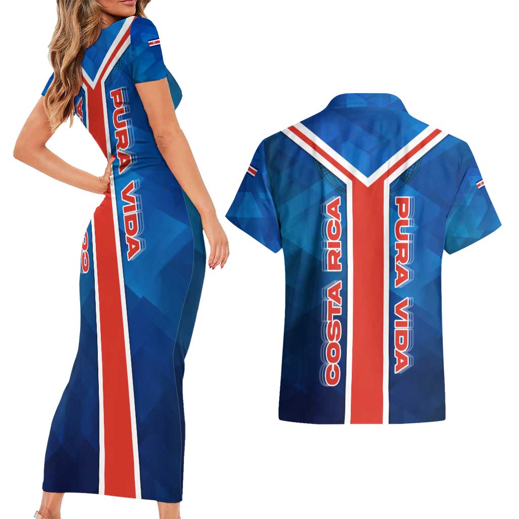 Costa Rica Pura Vida Couples Matching Short Sleeve Bodycon Dress and Hawaiian Shirt Blue Geometric with Red Stripe and National Flag Detail - Wonder Print Shop