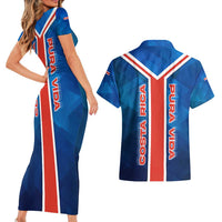Costa Rica Pura Vida Couples Matching Short Sleeve Bodycon Dress and Hawaiian Shirt Blue Geometric with Red Stripe and National Flag Detail - Wonder Print Shop