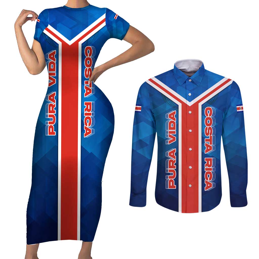 Costa Rica Pura Vida Couples Matching Short Sleeve Bodycon Dress and Long Sleeve Button Shirt Blue Geometric with Red Stripe and National Flag Detail - Wonder Print Shop