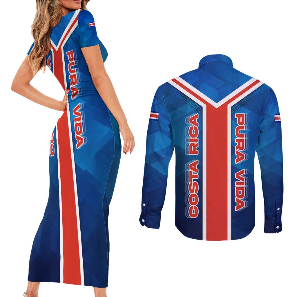 Costa Rica Pura Vida Couples Matching Short Sleeve Bodycon Dress and Long Sleeve Button Shirt Blue Geometric with Red Stripe and National Flag Detail - Wonder Print Shop