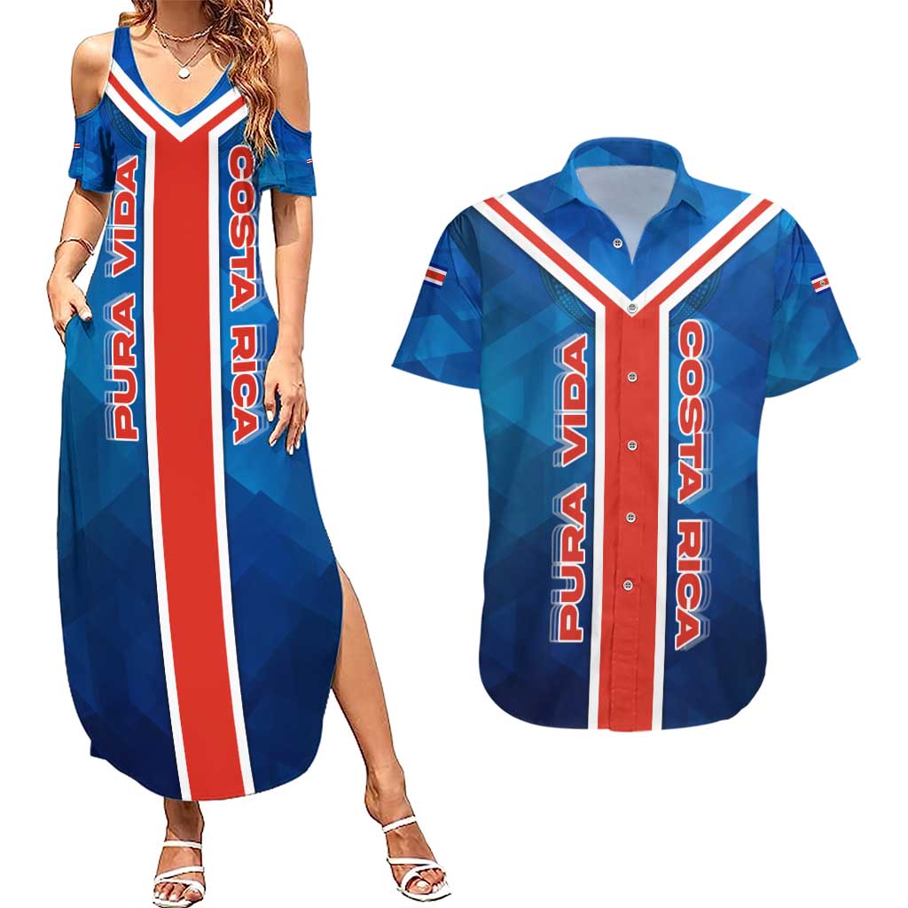 Costa Rica Pura Vida Couples Matching Summer Maxi Dress and Hawaiian Shirt Blue Geometric with Red Stripe and National Flag Detail - Wonder Print Shop