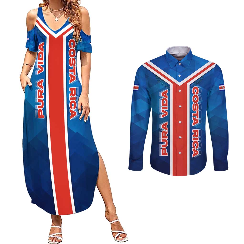 Costa Rica Pura Vida Couples Matching Summer Maxi Dress and Long Sleeve Button Shirt Blue Geometric with Red Stripe and National Flag Detail - Wonder Print Shop