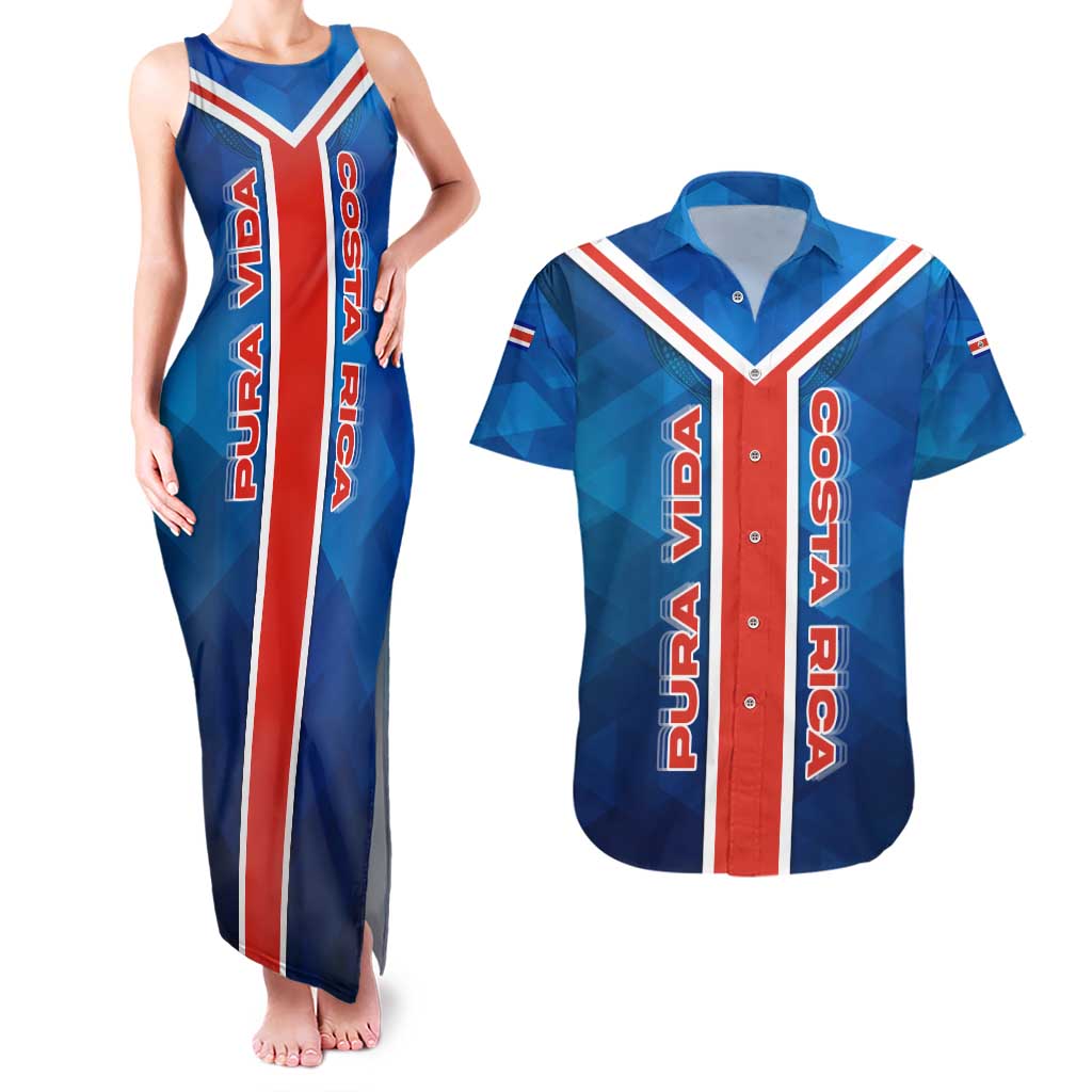 Costa Rica Pura Vida Couples Matching Tank Maxi Dress and Hawaiian Shirt Blue Geometric with Red Stripe and National Flag Detail - Wonder Print Shop