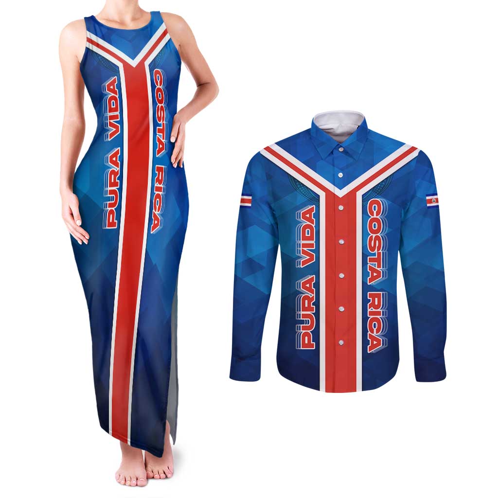 Costa Rica Pura Vida Couples Matching Tank Maxi Dress and Long Sleeve Button Shirt Blue Geometric with Red Stripe and National Flag Detail - Wonder Print Shop