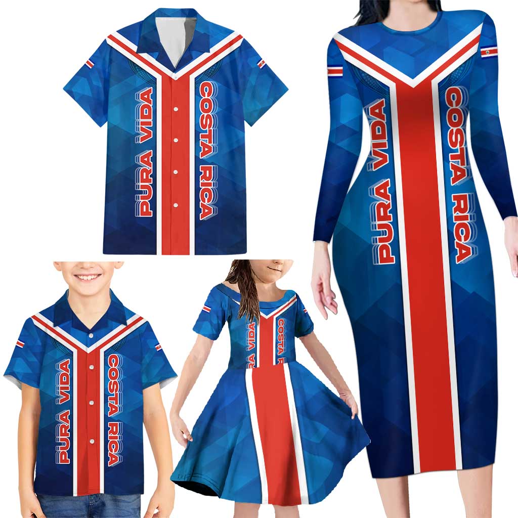 Costa Rica Pura Vida Family Matching Long Sleeve Bodycon Dress and Hawaiian Shirt Blue Geometric with Red Stripe and National Flag Detail - Wonder Print Shop