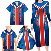 Costa Rica Pura Vida Family Matching Long Sleeve Bodycon Dress and Hawaiian Shirt Blue Geometric with Red Stripe and National Flag Detail - Wonder Print Shop