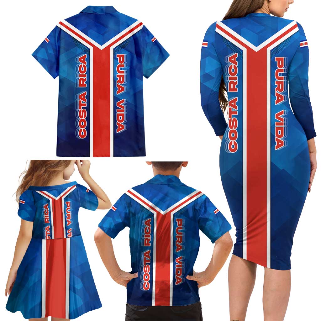 Costa Rica Pura Vida Family Matching Long Sleeve Bodycon Dress and Hawaiian Shirt Blue Geometric with Red Stripe and National Flag Detail - Wonder Print Shop